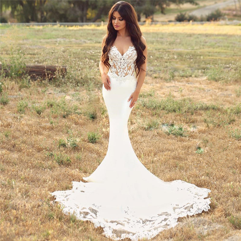 Mermaid V-neck Spaghetti Strap Chapel Chiffon Crochet Flower Wedding Dress