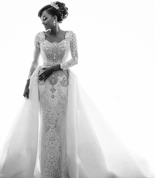 Mermaid Wedding Dresses with Trendy Overskirt Beads Lace Appliques Long Sleeves Bridal Gowns