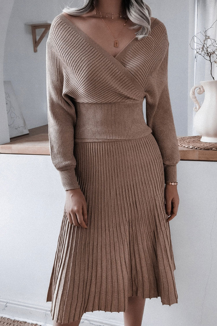 Metallic Lurex Rib Knit Off Shoulder Sweater Two Piece Midi Dress - Coffee