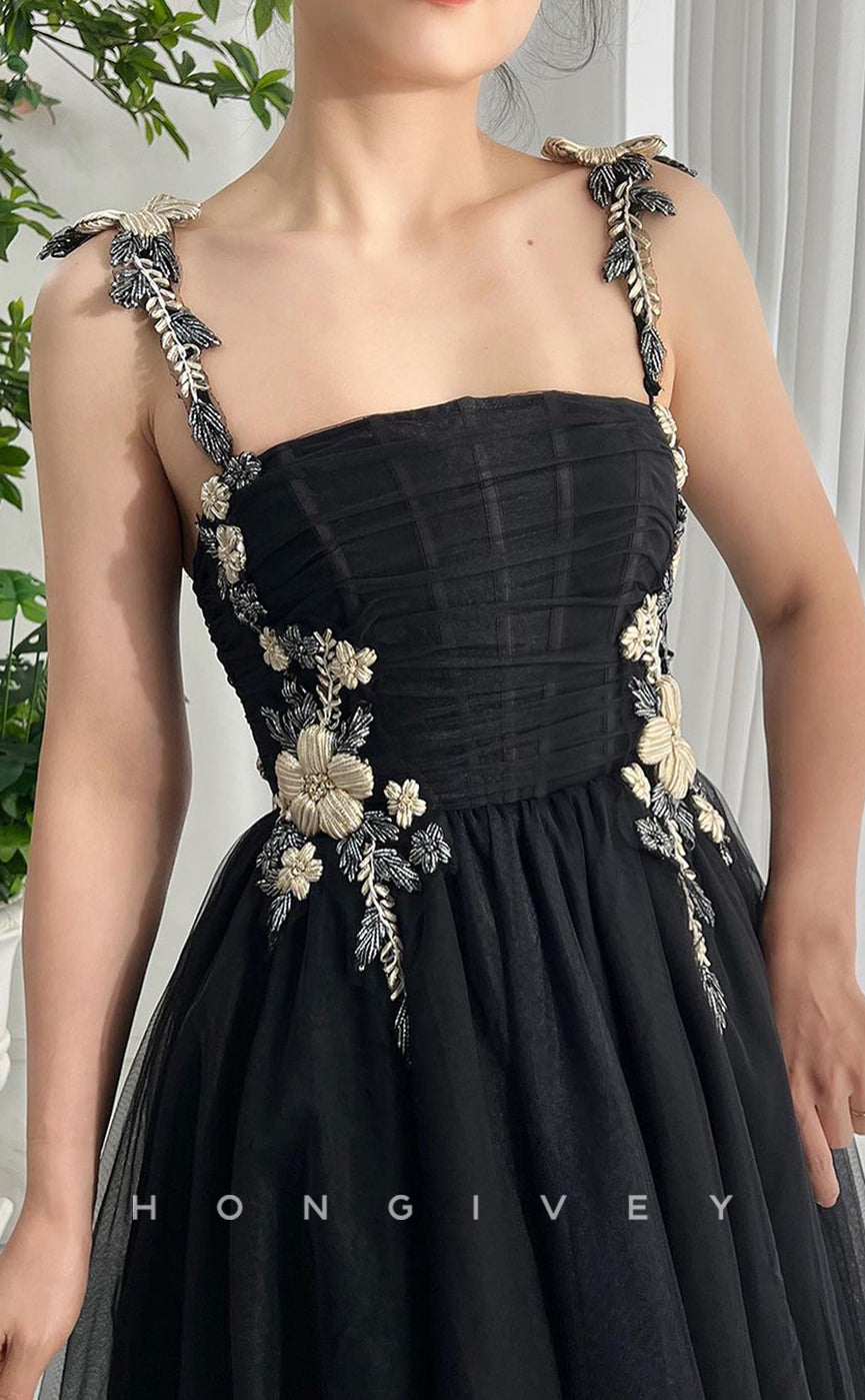 L2759 - Tulle A-Line Spaghetti Straps Floral Appliqued Party Prom Evening Dress