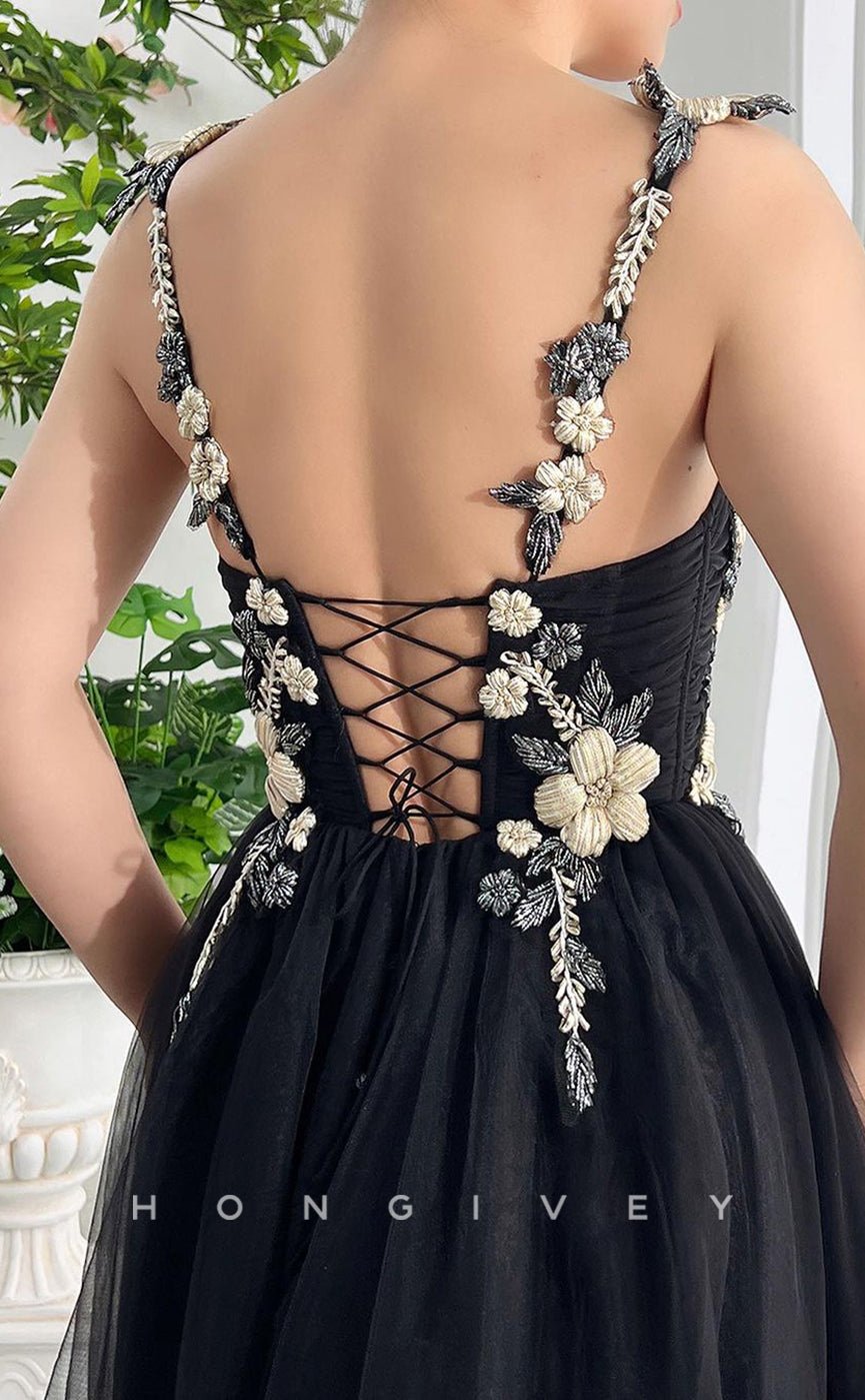 L2759 - Tulle A-Line Spaghetti Straps Floral Appliqued Party Prom Evening Dress