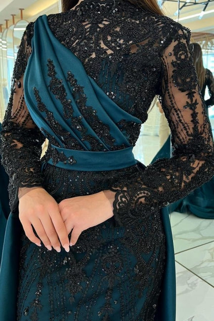 Moden Black Long Sleeves Evening Dress Lace High-Neck