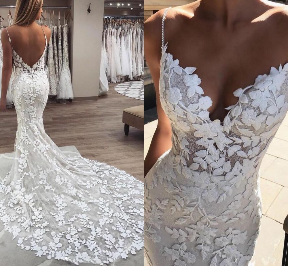 Modern Applique Spaghetti Strap Wedding Dresses Backless Sleeveless