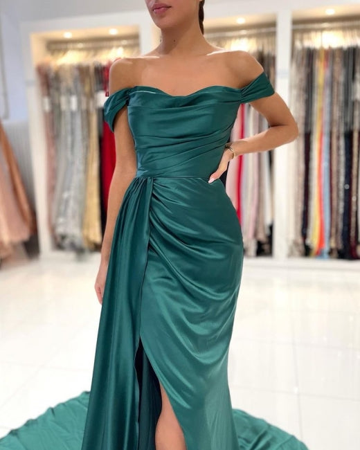 Modern Dark Green Off-the-shoulder Slit Mermaid Prom Dresses