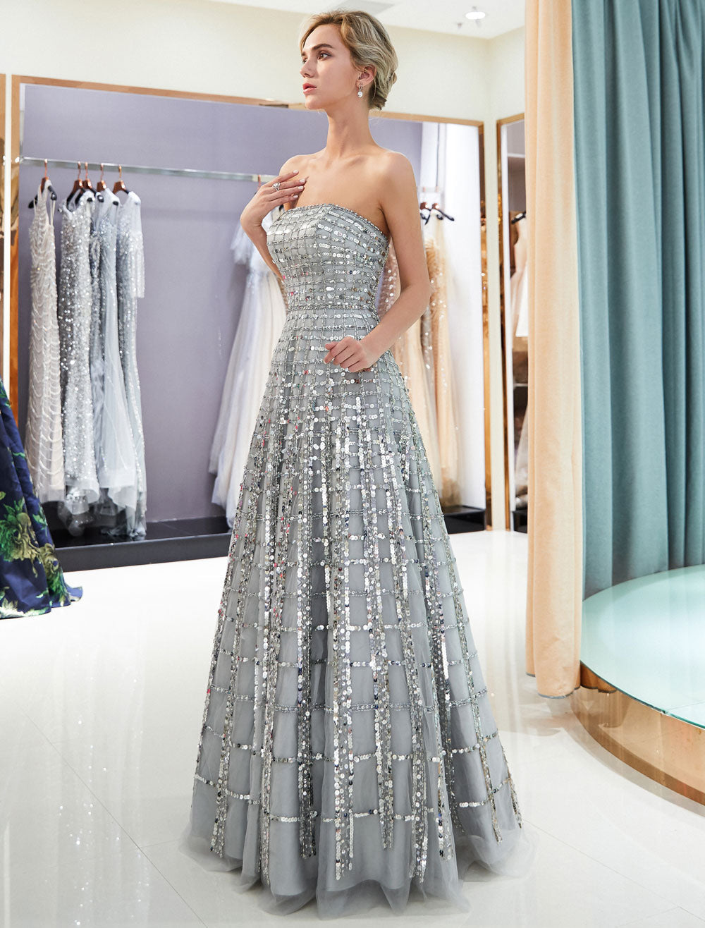 Modern Evening Dresses Long Strapless Sequin Light Grey Floor Length Luxury Women Pageant Dress