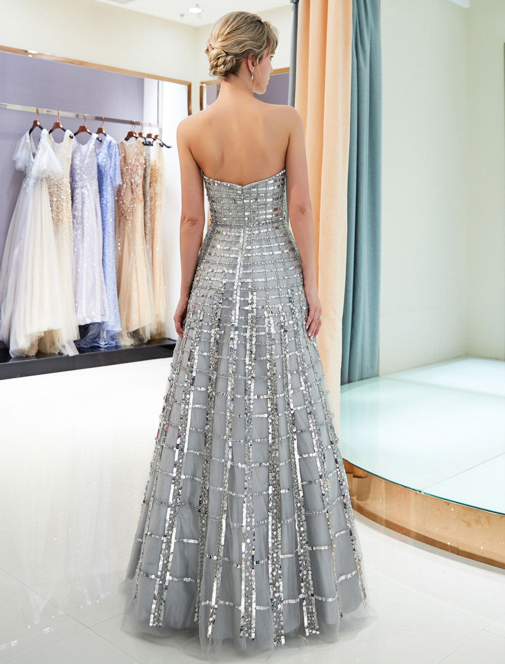 Modern Evening Dresses Long Strapless Sequin Light Grey Floor Length Luxury Women Pageant Dress