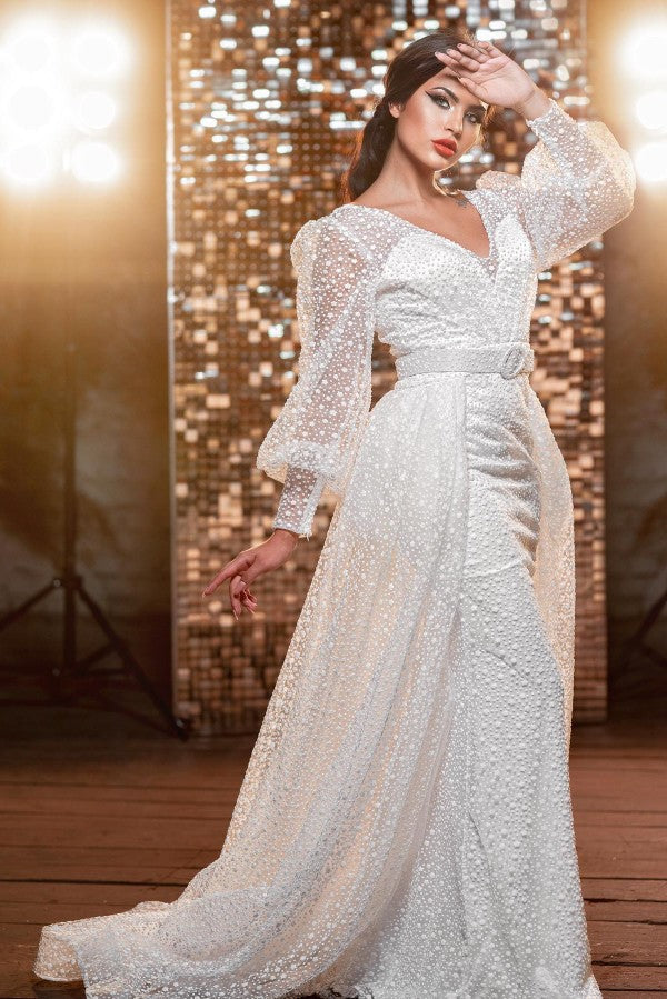 Contemporary Long V-neck Sparkling Wedding Dress with Full-Length Sleeves