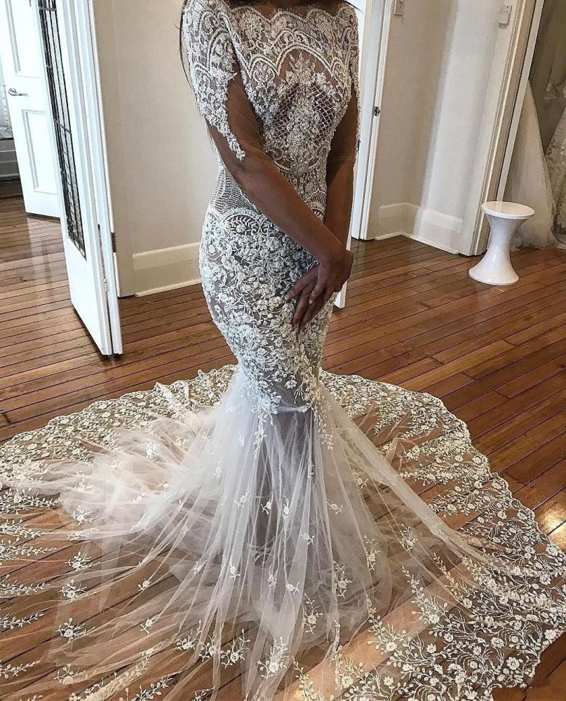 Modern Mermaid Long Sleeves Lace Wedding Dress Modern Flowers See Through Tulle Bride Dress