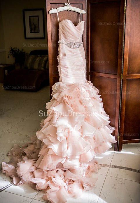 Modern Mermaid Sweetheart Wedding Dresses Pink Crystal Lace Up Lovely Ruffless Bridal Gowns