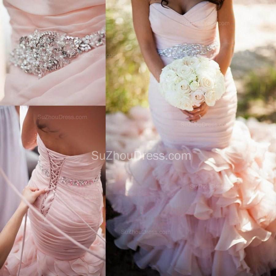 Modern Mermaid Sweetheart Wedding Dresses Pink Crystal Lace Up Lovely Ruffless Bridal Gowns