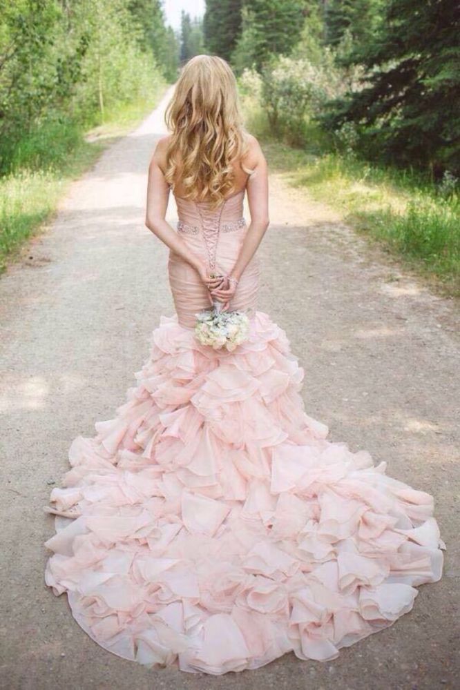 Modern Mermaid Sweetheart Wedding Dresses Pink Crystal Lace Up Lovely Ruffless Bridal Gowns