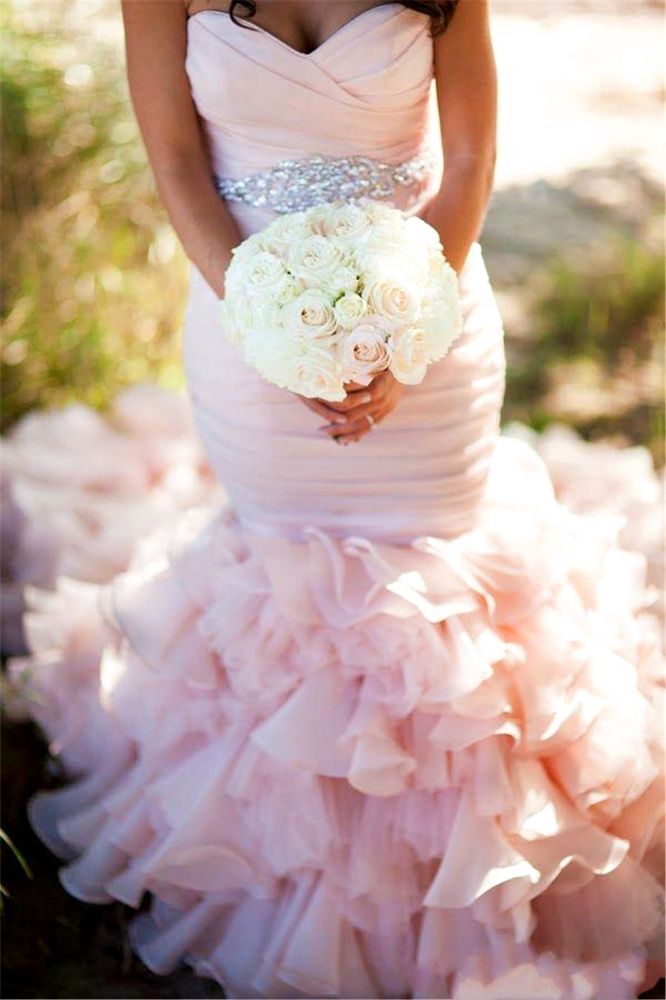 Modern Mermaid Sweetheart Wedding Dresses Pink Crystal Lace Up Lovely Ruffless Bridal Gowns