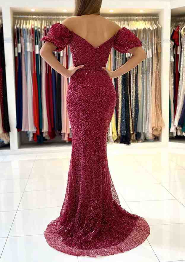 Modern Prom Dress/Evening Dress with Sequins - Trumpet/Mermaid Off-the-Shoulder Short Sleeve Sweep Train