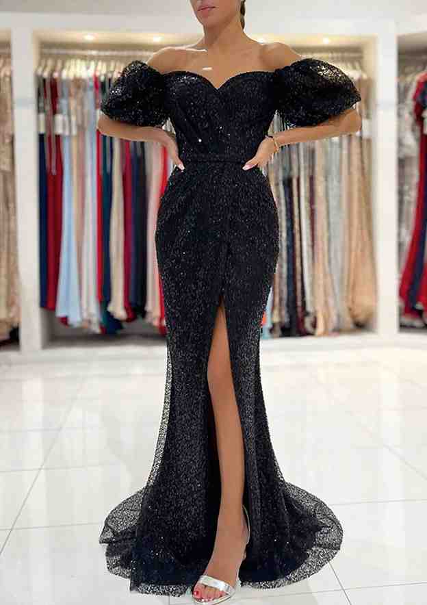 Modern Prom Dress/Evening Dress with Sequins - Trumpet/Mermaid Off-the-Shoulder Short Sleeve Sweep Train