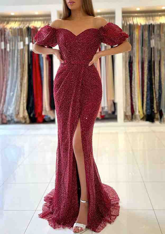 Modern Prom Dress/Evening Dress with Sequins - Trumpet/Mermaid Off-the-Shoulder Short Sleeve Sweep Train