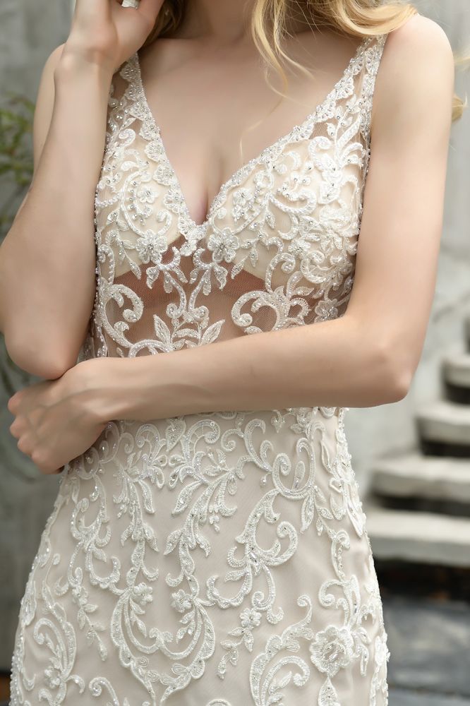 Modern See through Lace Mermaid Lace Sleeveless Ivory Wedding Dress with Ruffles Train