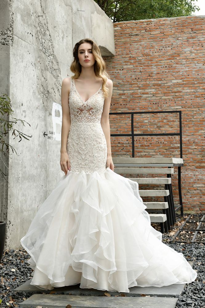 Modern See through Lace Mermaid Lace Sleeveless Ivory Wedding Dress with Ruffles Train