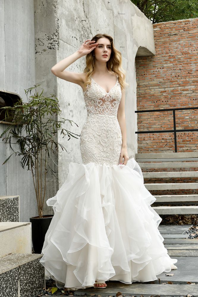 Modern See through Lace Mermaid Lace Sleeveless Ivory Wedding Dress with Ruffles Train