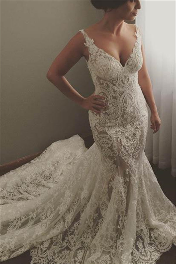 Modern Sleeveless V Neck Wedding Dress Mermaid Bridal Gowns with Lace Appliques