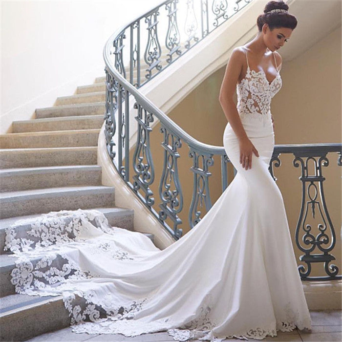 Modern Spaghetti Strap Wedding Dress Mermaid Chiffon Lace Bridal Gown