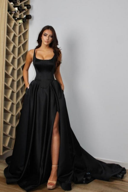 Modern Spaghetti-Straps Sleeveless Long Prom Dress With Front Split