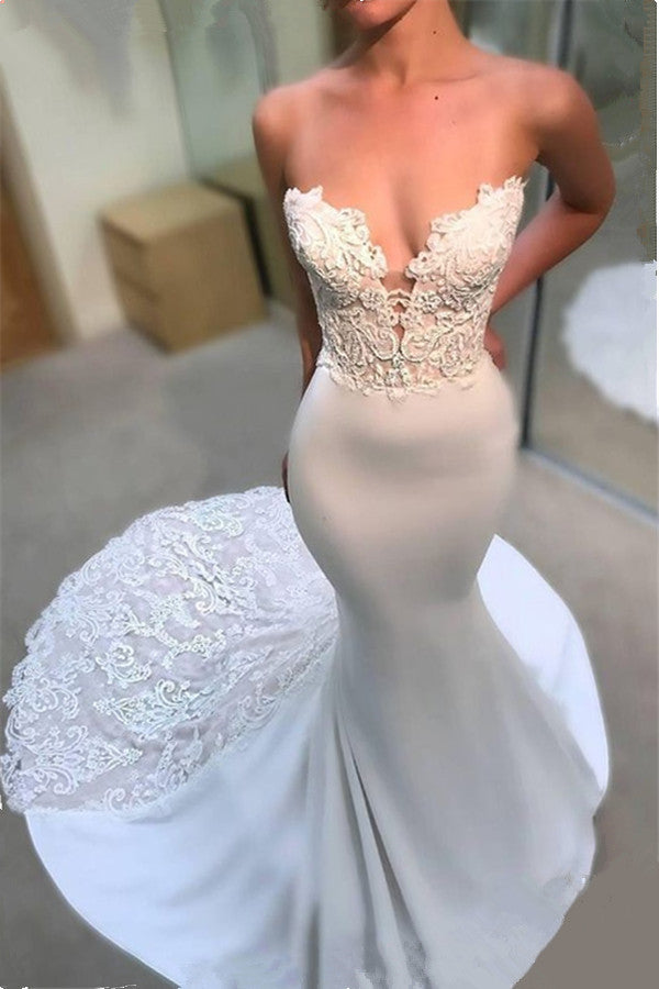 Modern Strapless Lace Wedding Dresses Online Classic Mermaid Open Back Bridal Gowns