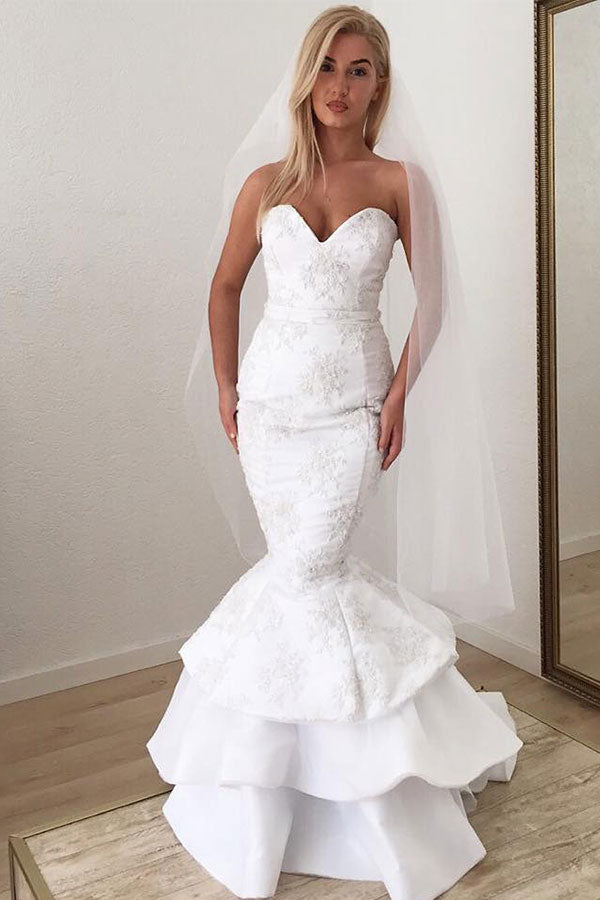 Modern Sweetheart White Lace Appliques Mermaid Ruffless Long Wedding Dress