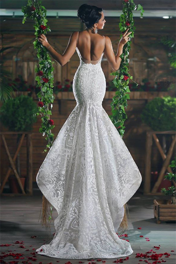 Modern V neck Mermaid Wedding Dresses Long Charming Lace Ope Back Tulle Straps Bridal Gowns