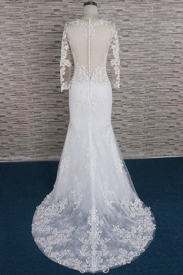 Modest Longsleeves Jewel Lace Wedding Dresses With Appliques White Tulle Bridal Gowns On Sale