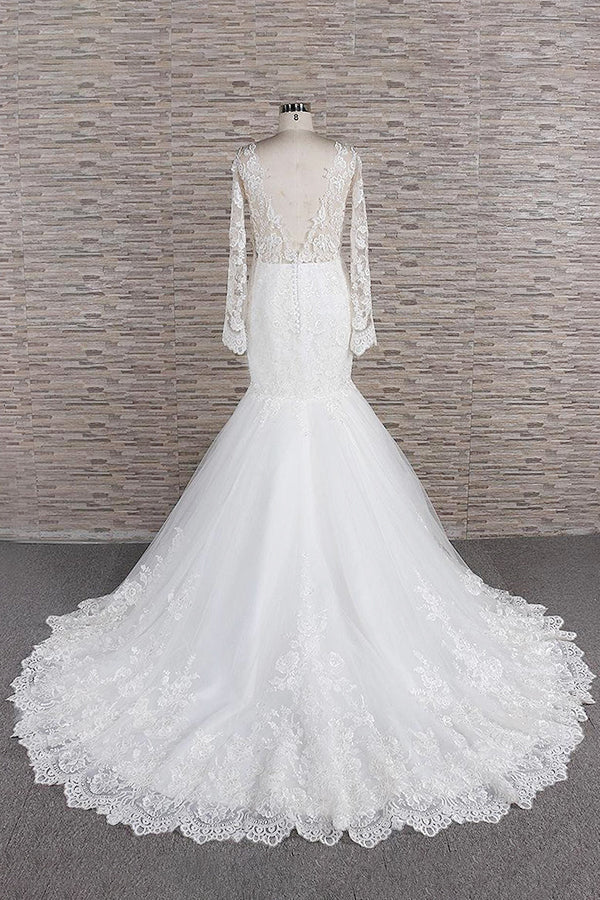 Modest Longsleeves jewel Mermaid Wedding Dresses White Tulle Lace Bridal Gowns With Appliques