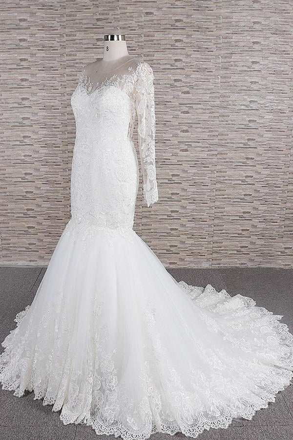 Modest Longsleeves jewel Mermaid Wedding Dresses White Tulle Lace Bridal Gowns With Appliques