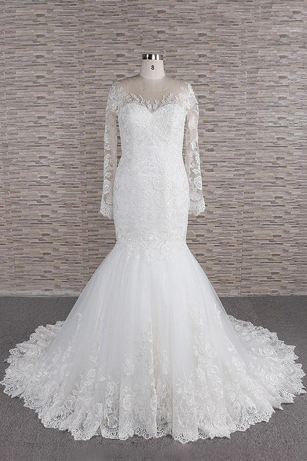 Modest Longsleeves jewel Mermaid Wedding Dresses White Tulle Lace Bridal Gowns With Appliques