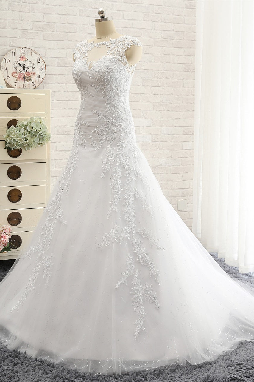 Modest Sleeveless Jewel Wedding Dresses With Appliques White Mermaid Bridal Gowns On Sale