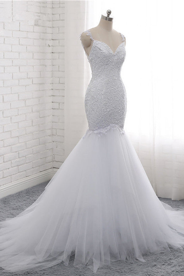 Mordern Straps V-Neck Tulle Lace Wedding Dress Sleeveless Appliques Beadings Bridal Gowns