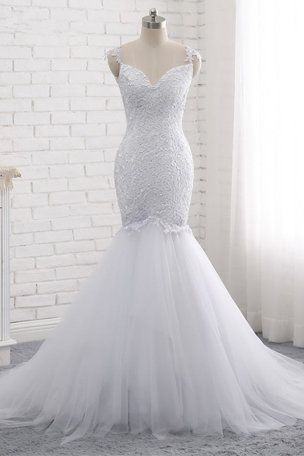 Mordern Straps V-Neck Tulle Lace Wedding Dress Sleeveless Appliques Beadings Bridal Gowns