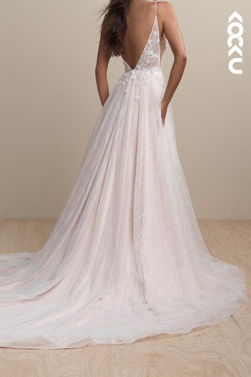 K2169 - Couture & Ornate Spaghetti Straps V-Neck A-Line Appliques Tulle Split Wedding Dress