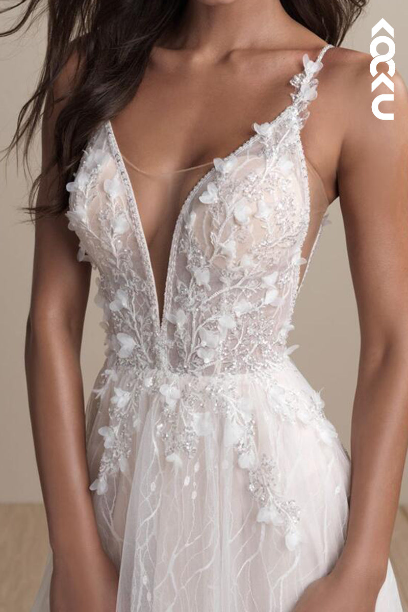 K2169 - Couture & Ornate Spaghetti Straps V-Neck A-Line Appliques Tulle Split Wedding Dress