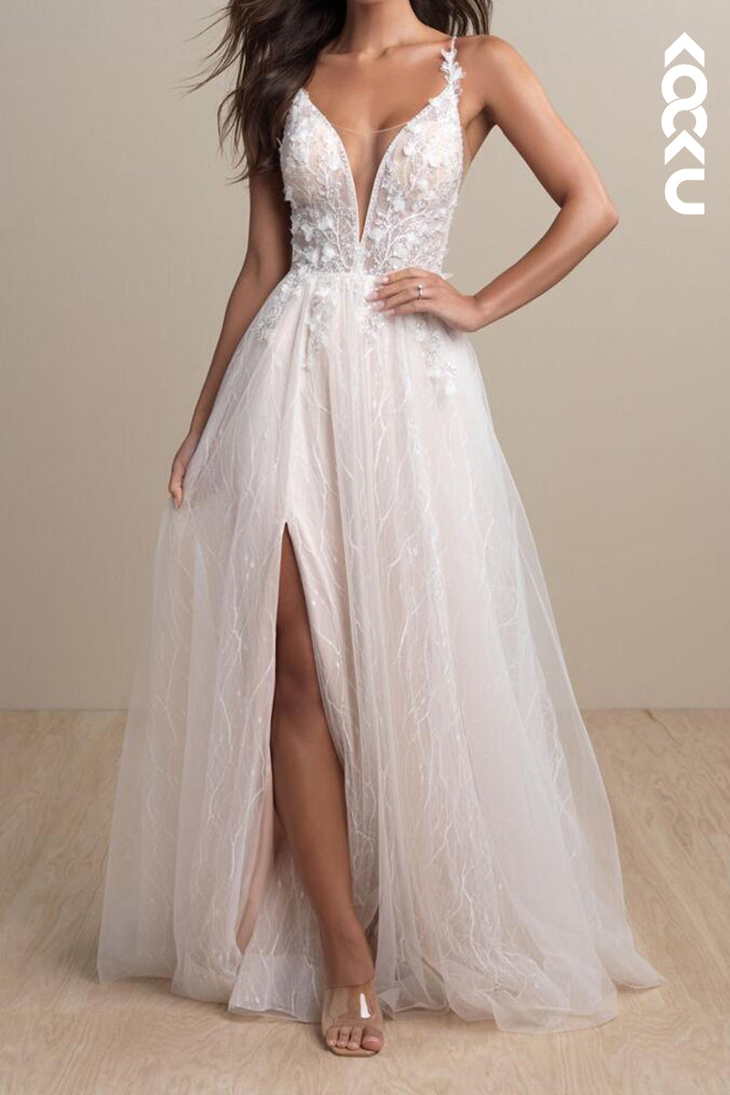 K2169 - Couture & Ornate Spaghetti Straps V-Neck A-Line Appliques Tulle Split Wedding Dress