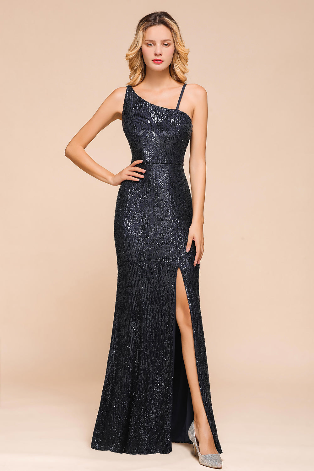 Navy One Shoulder Sequins Prom Dress Long Mermaid Evening Gowns With Split