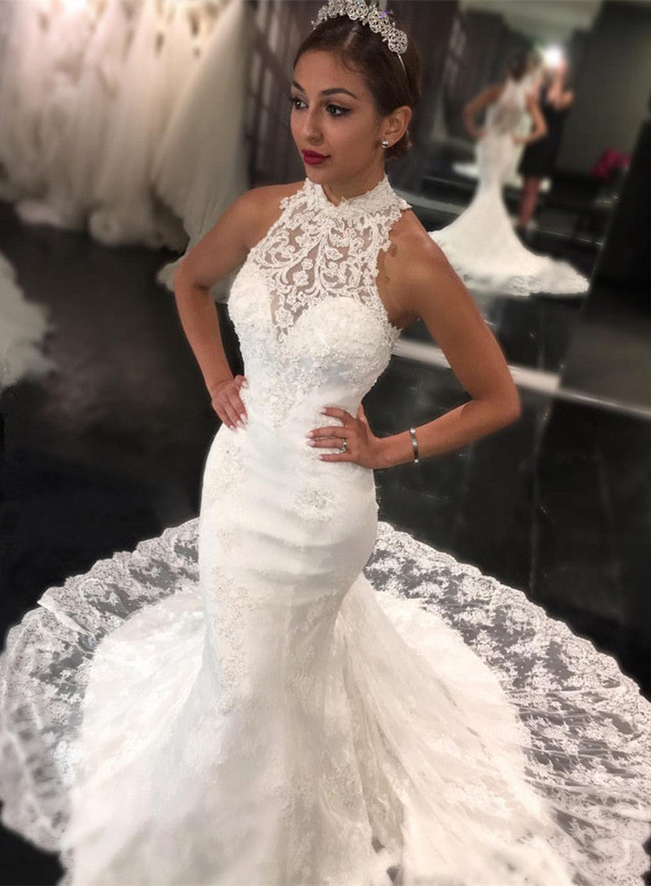 New Arrival High Neck Lace Mermaid Sleeveless Sweep Train Wedding Dress