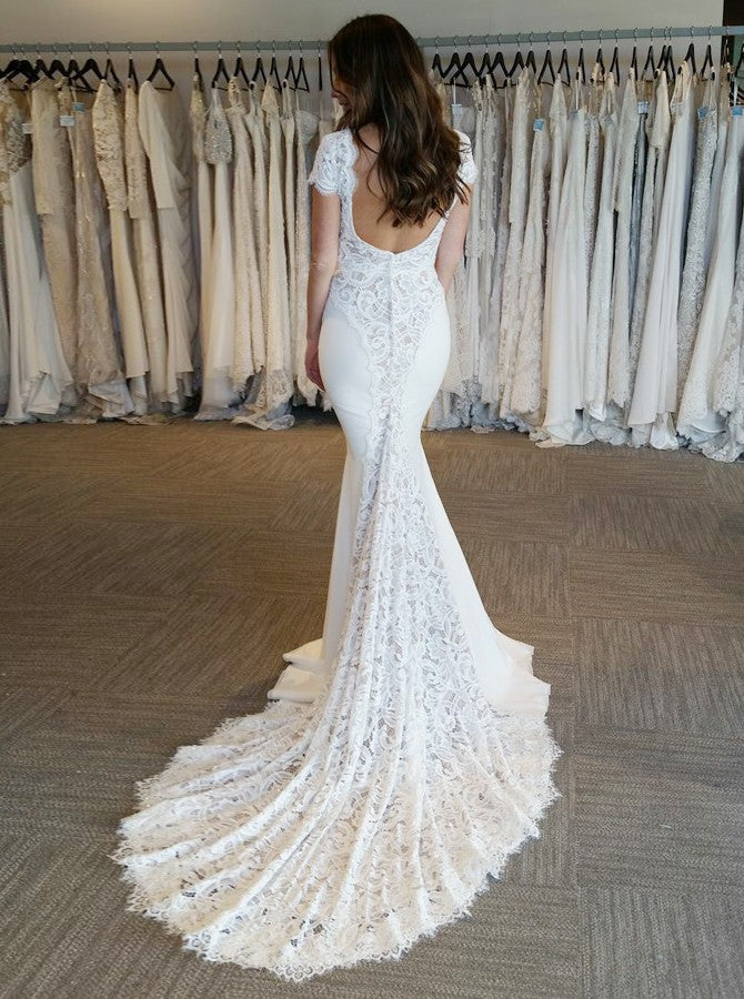 New Arrival White V Neck Lace Appliques Mermaid Bridal Gown Backless Cap Sleeve Long Wedding Dress