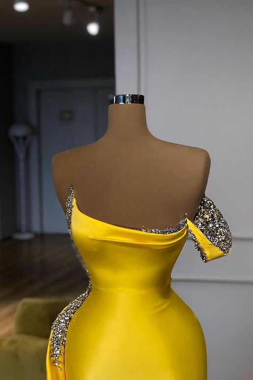 New One shoulder Bright Yellow Mentallic Sequins Overskirt Prom Dress