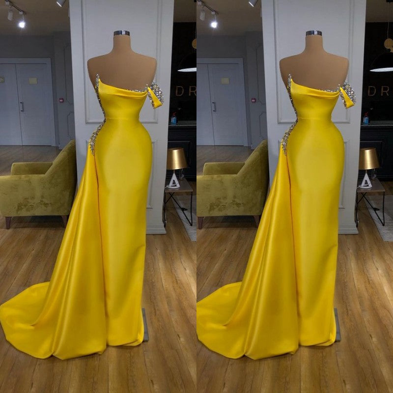 New One shoulder Bright Yellow Mentallic Sequins Overskirt Prom Dress