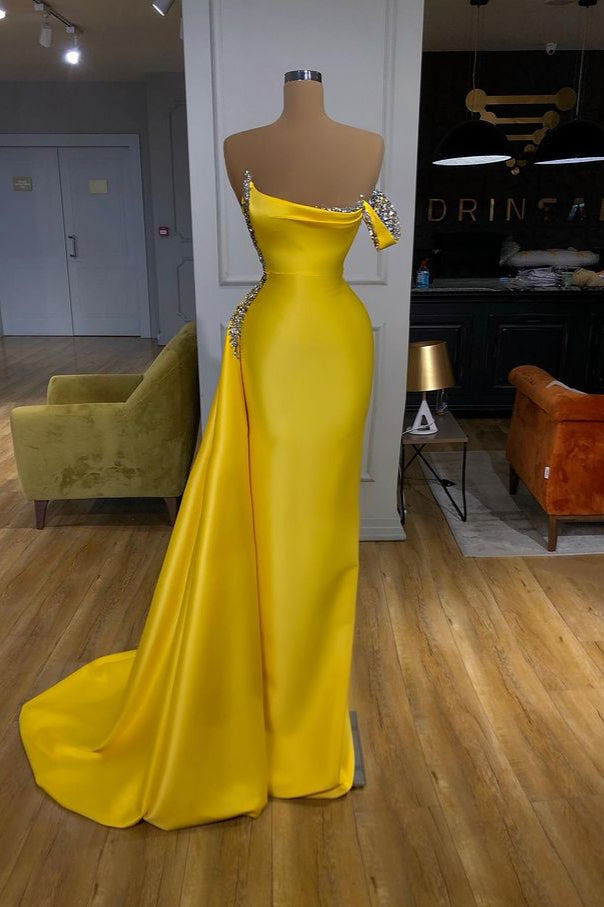 New One shoulder Bright Yellow Mentallic Sequins Overskirt Prom Dress