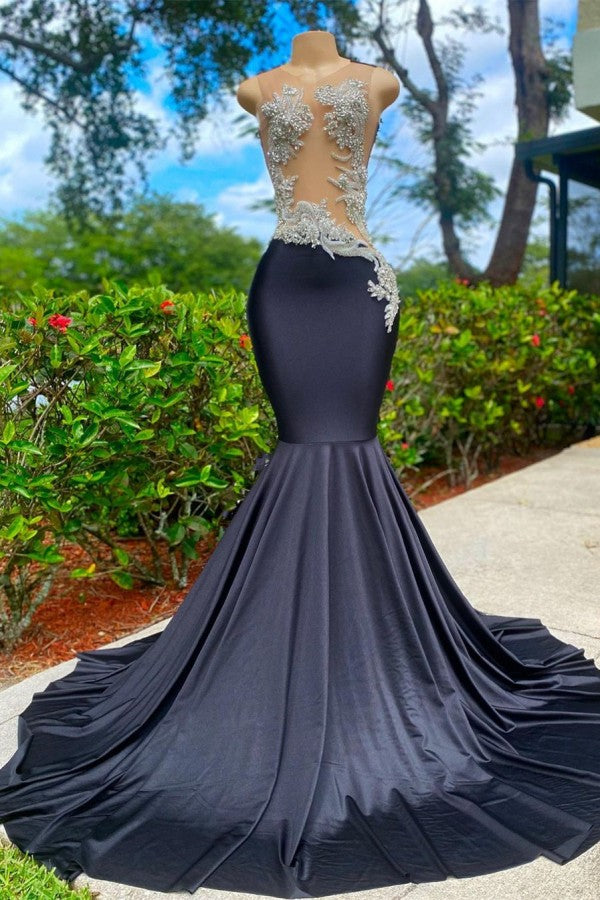 newinlook Black Mermaid Prom Dress Sleeveless With Appliques Beads