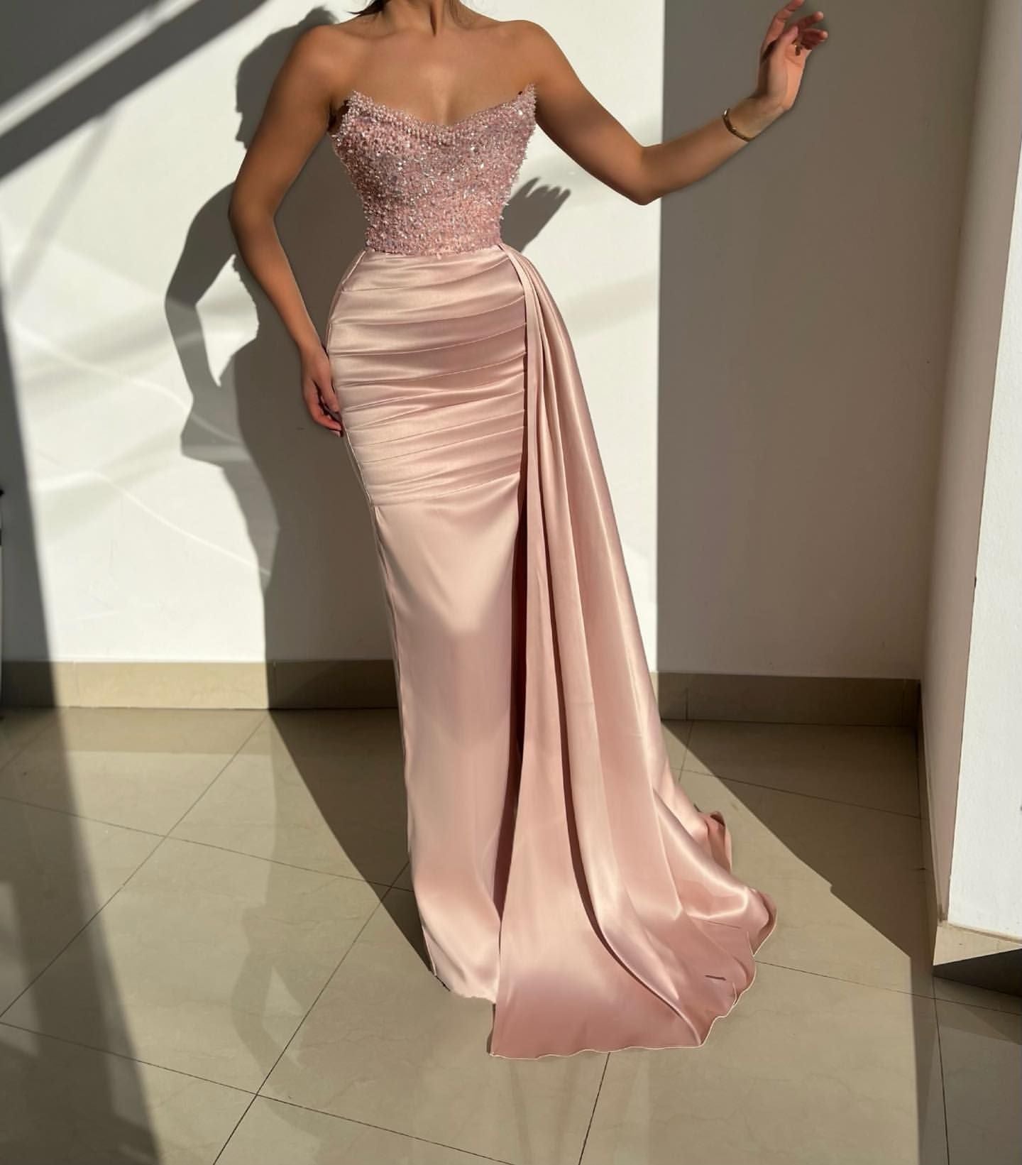 Newinlook  Dusty Pink Mermaid Prom Dress Long Sweetheart With Ruffles