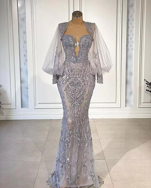 Newinlook Silver Long Sleeves Mermaid Evening Dress With Appliques