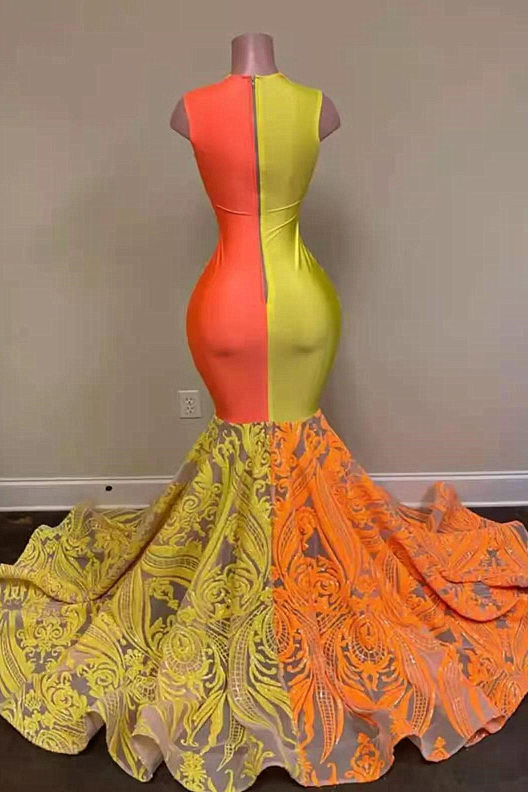 Newinlook Yellow and Orange Mermaid Prom Dress Long Lace Sequins