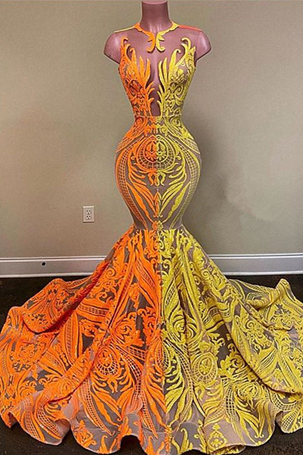 Newinlook Yellow and Orange Mermaid Prom Dress Long Lace Sequins