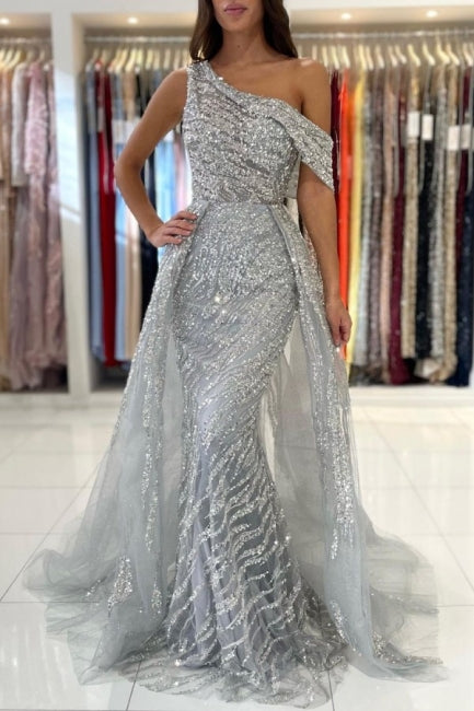 Elegant One-Shoulder Sleeveless Mermaid Lace Prom Dress with Sequins